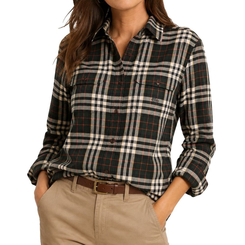Ralph Lauren Womens Shirt PS Green Plaid Brushed Cotton Button Up Preppy Flannel